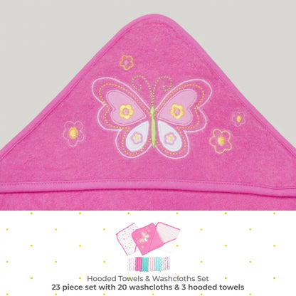 Bath Hooded Towels & Washcloths Set for Babies, 23-Piece Gift Set, Pink Butterfly